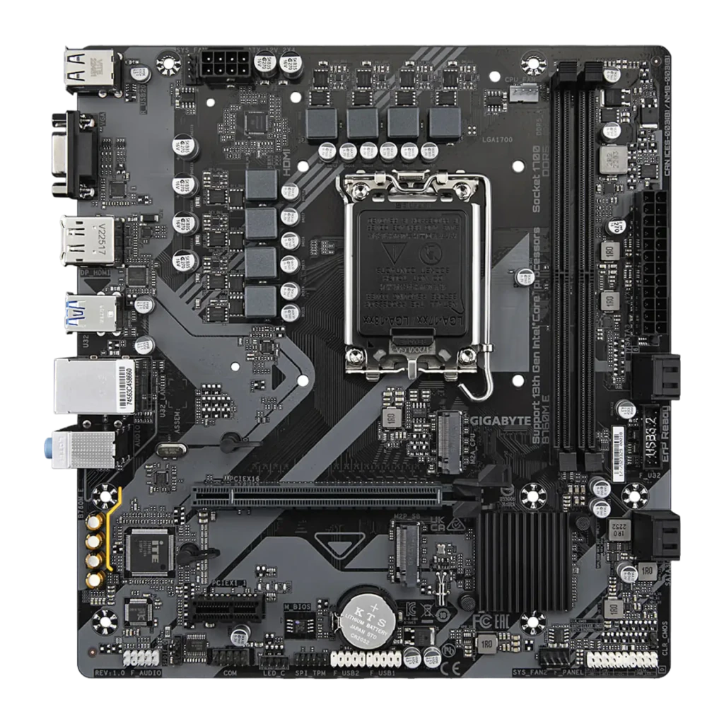 Gigabyte Placa-mãe B760M E Socket 1700 mATX castanho escuro, vista com caixa: placa e embalagem Ultra Durable - Item2