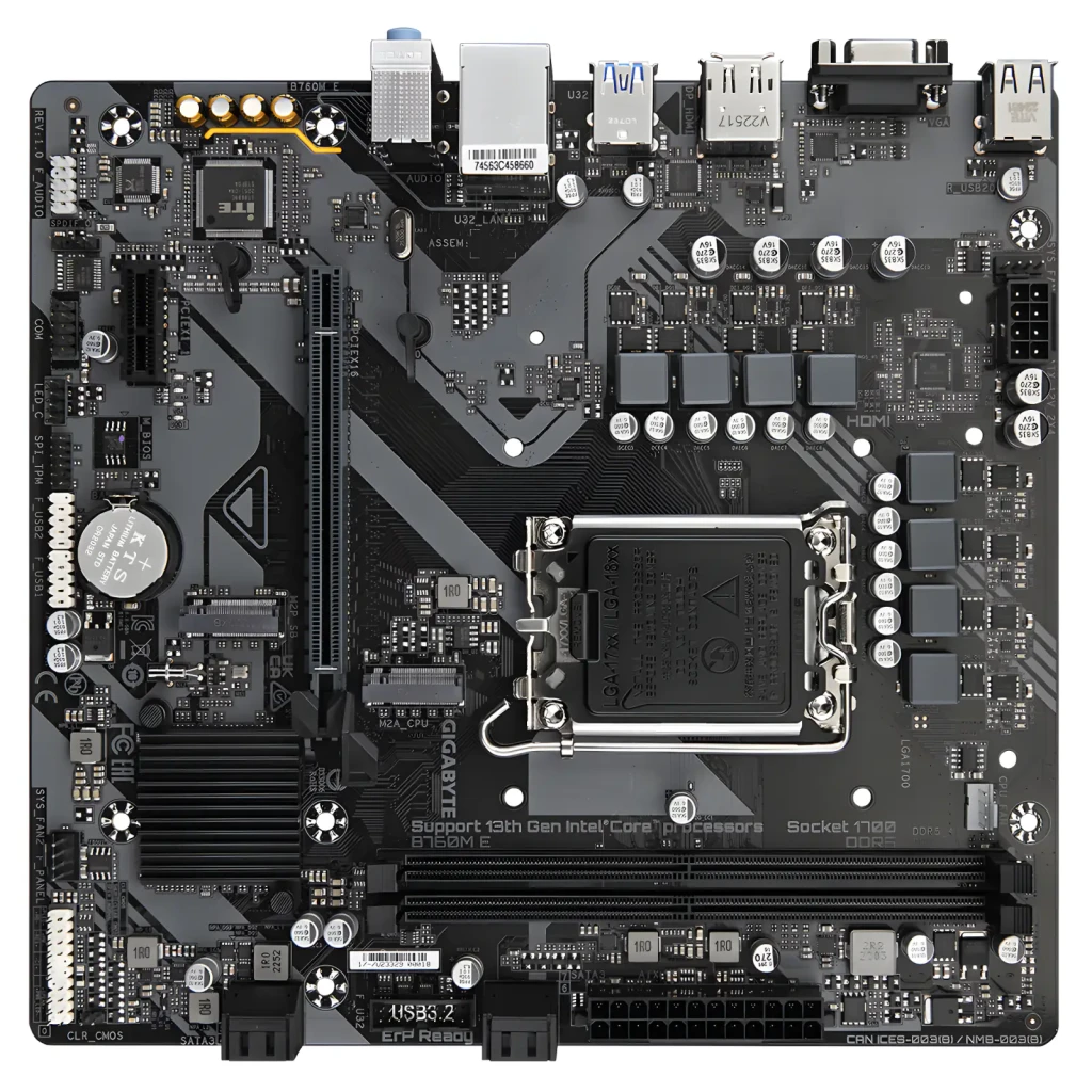 Gigabyte Placa-mãe B760M E Socket 1700 mATX castanho escuro, vista com caixa: placa e embalagem Ultra Durable - Item1