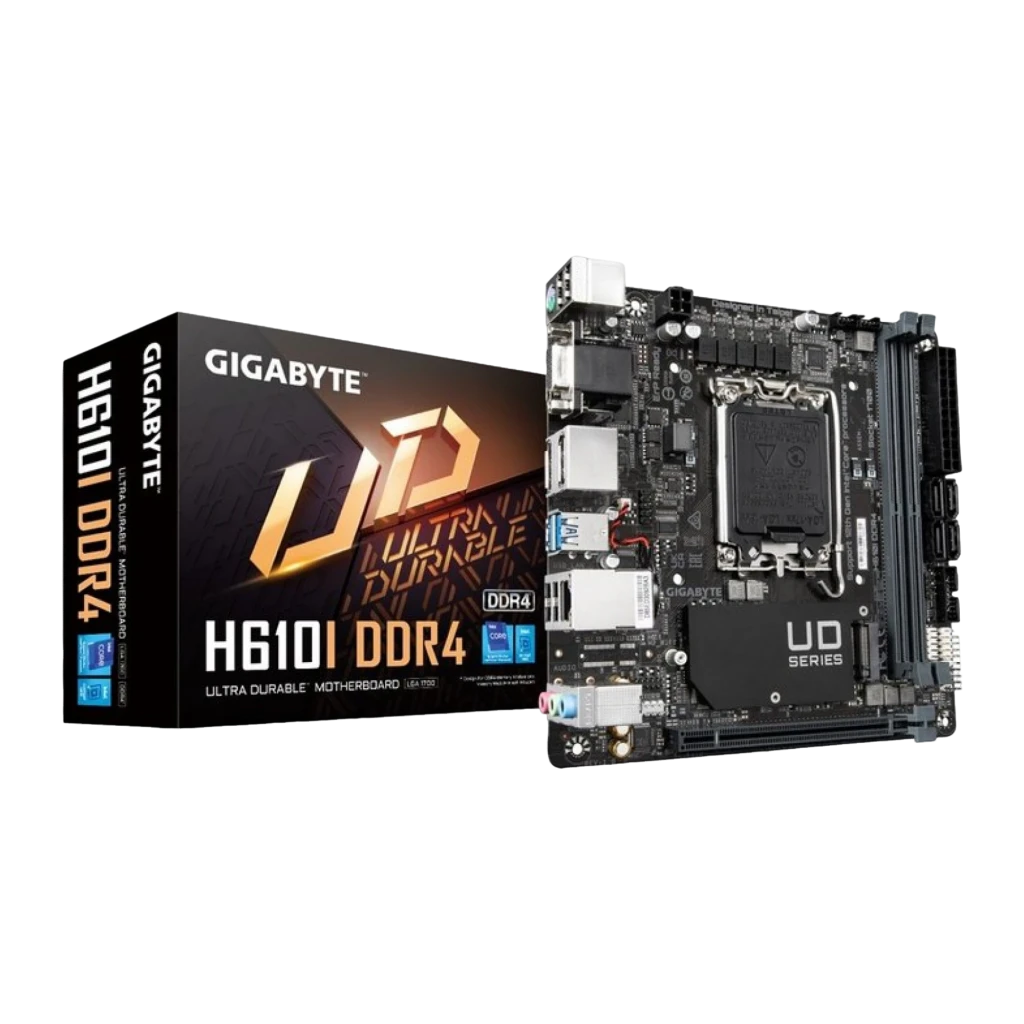 Gigabyte H610I DDR4 Mini-ITX LGA1700 castanho, caixa: embalagem frontal e lateral com logótipo dourado Ultra Durable - Item1