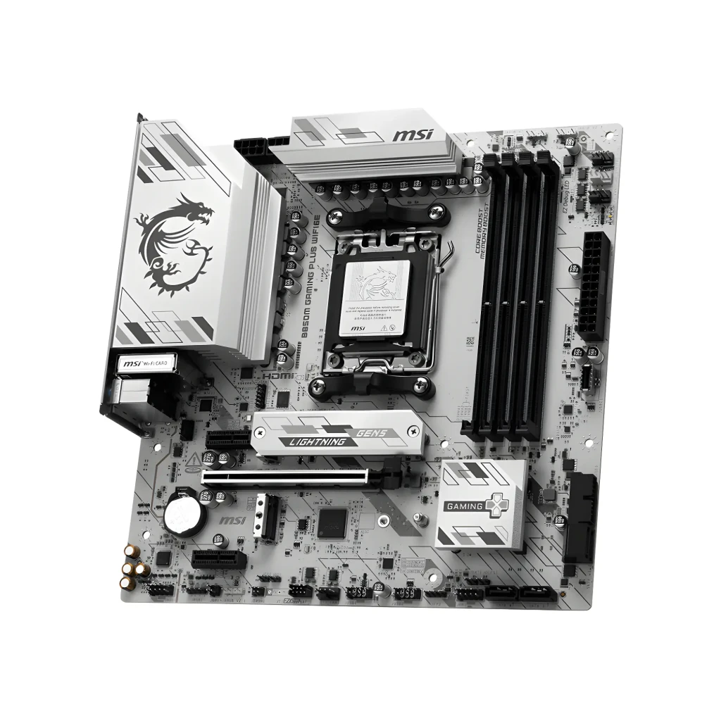 MSI B850M Gaming Plus WiFi 6E Negro, contenido: placa base, caja, antena WiFi y cable vistos en conjunto - Ítem2
