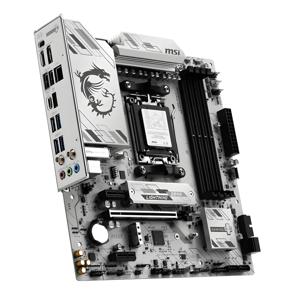MSI B850M Gaming Plus WiFi 6E Negro, contenido: placa base, caja, antena WiFi y cable vistos en conjunto - Ítem3