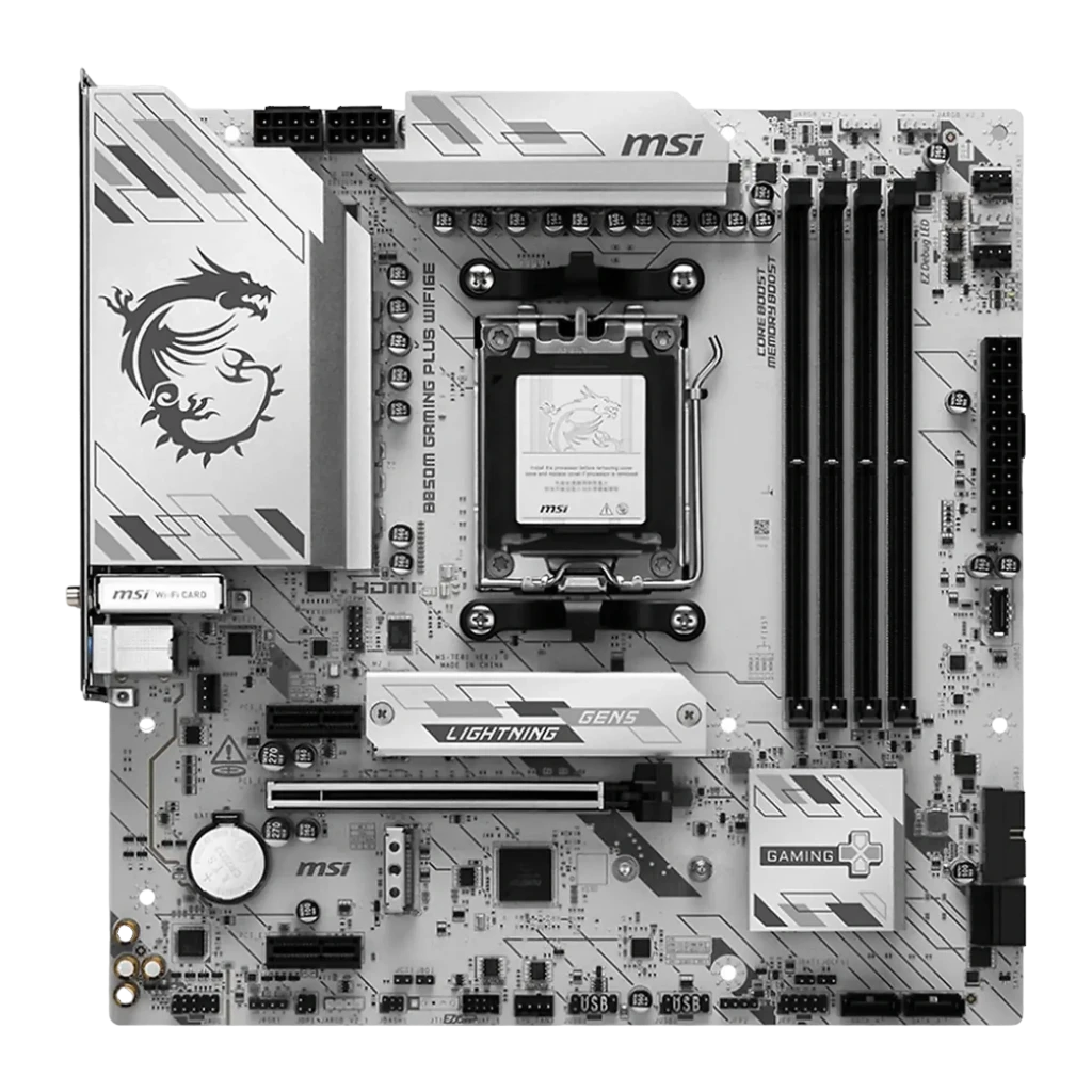 MSI B850M Gaming Plus WiFi 6E Negro, contenido: placa base, caja, antena WiFi y cable vistos en conjunto - Ítem1