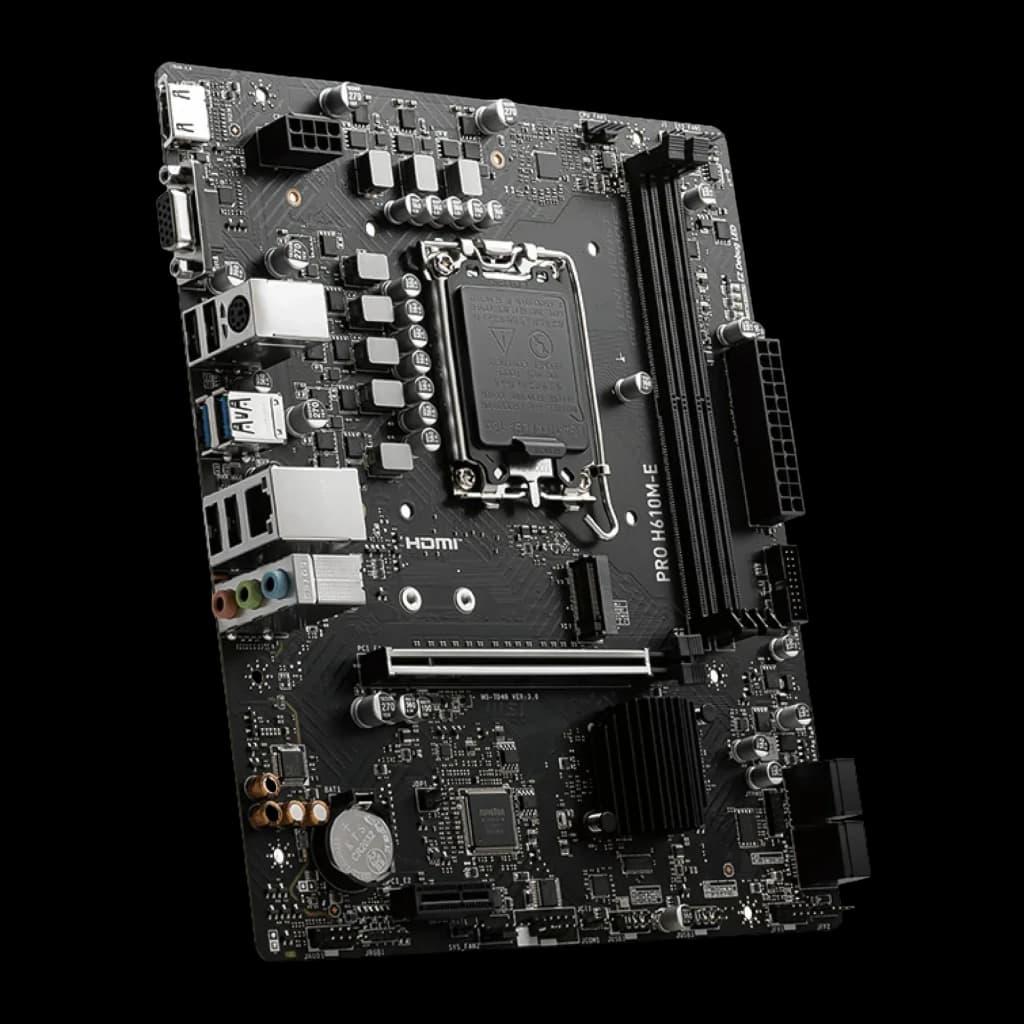 MSI PRO H610M-E DDR5, vue de face en angle: socket LGA1700, slots DDR5, panneau E/S et slot PCIe visibles