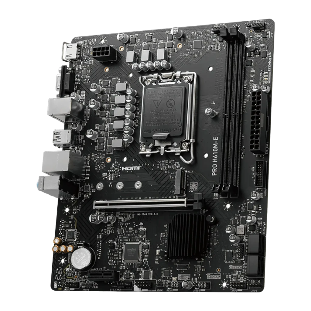 MSI PRO H610M-E DDR5, vista frontal en ángulo: socket LGA1700, ranuras DDR5, panel E/S y slot PCIe visibles - Ítem1