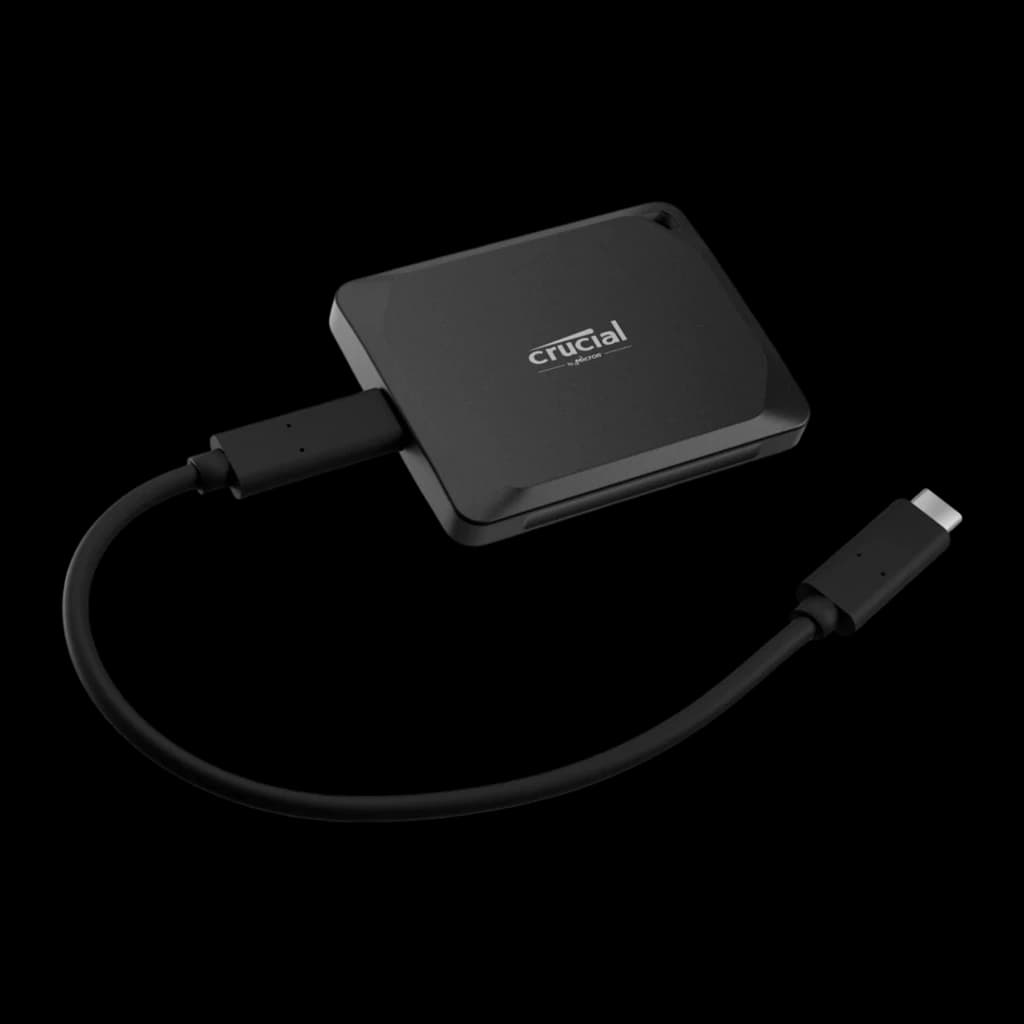 Crucial X10 Pro 2TB preto, kit com cabo: SSD conectado a cabo USB-C preto desenrolado mostrando ambas as extremidades