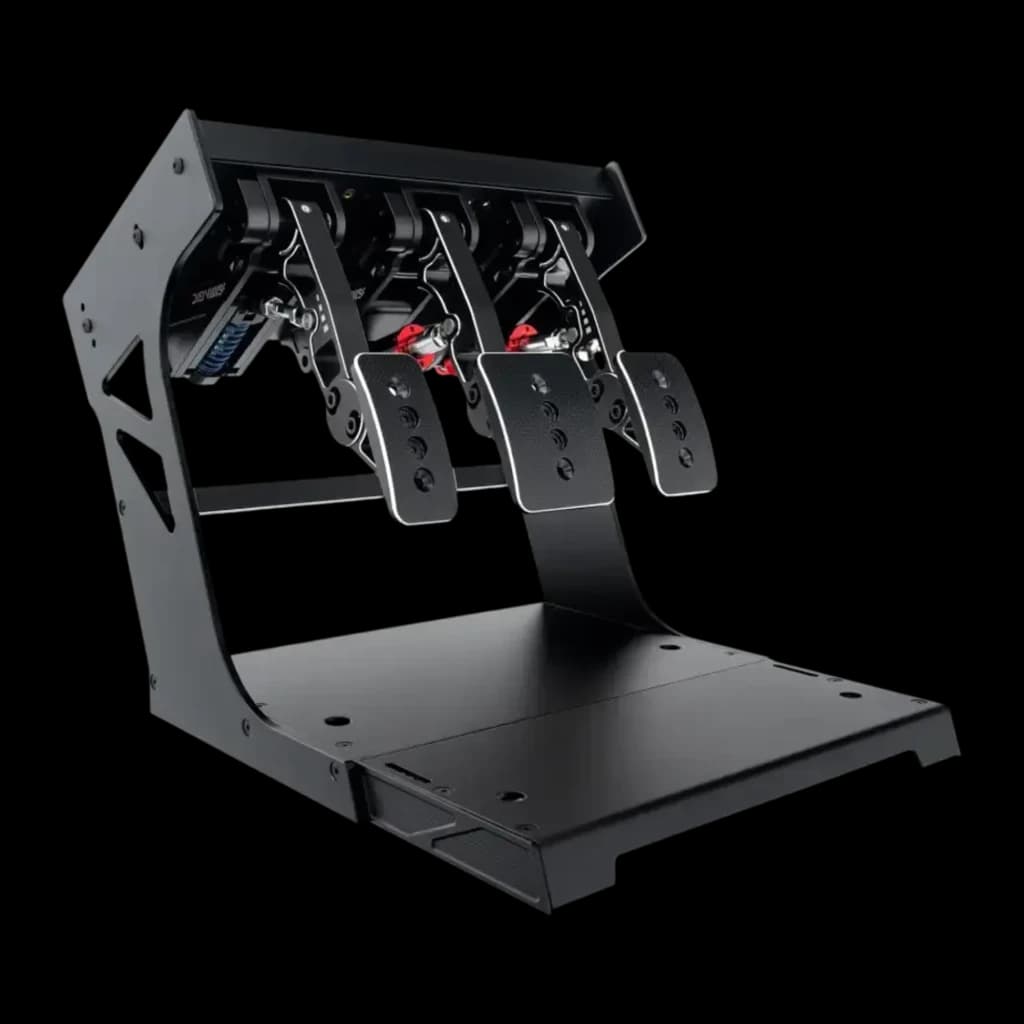 Simagic P1000 Modular Invertido 3 Pedais Preto, vista lateral: estrutura metálica com 3 pedais invertidos e mecanismos
