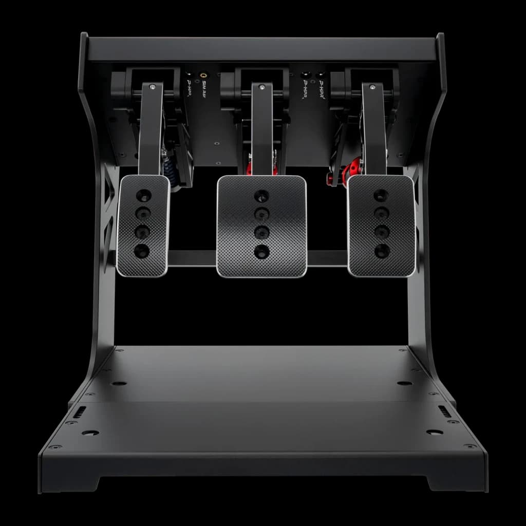 Simagic P1000 Modular Invertido 3 Pedais Preto, vista frontal: três pedais suspensos com superfície texturizada e mecanismo