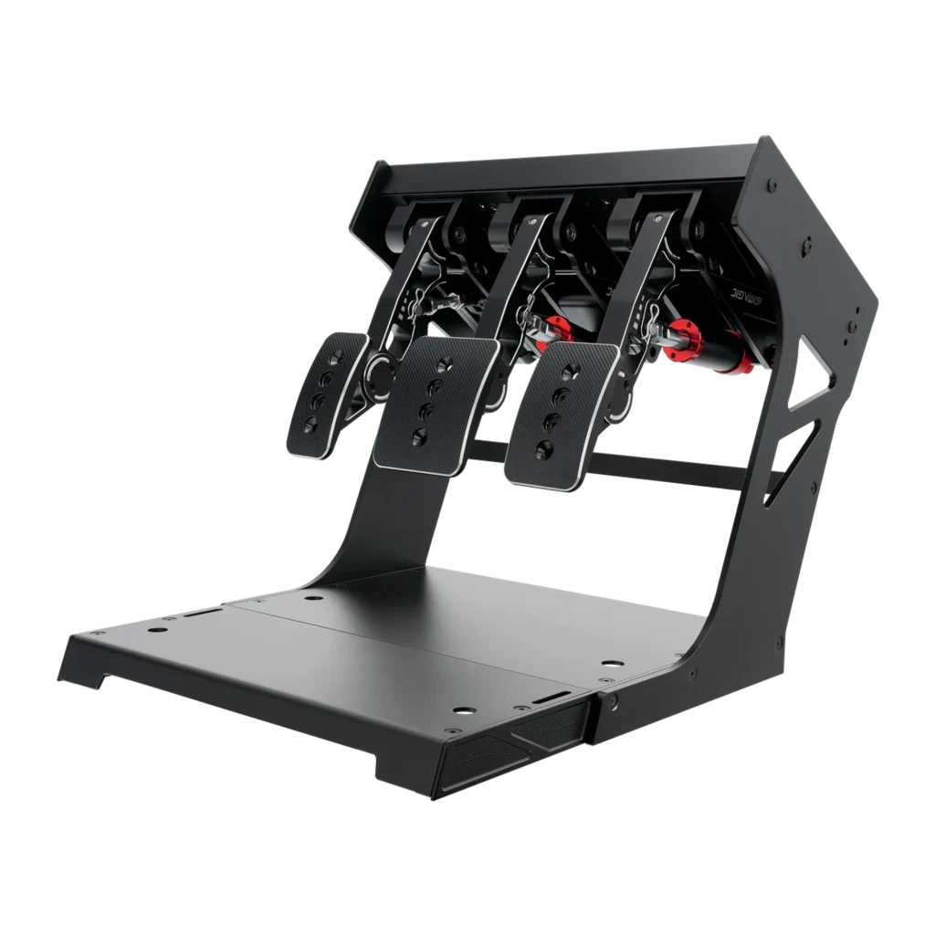 Simagic P1000 Modulaire Inversé 3 Pédales Noir, vue latérale: châssis métallique avec 3 pédales inversées et mécanismes - Ítem2