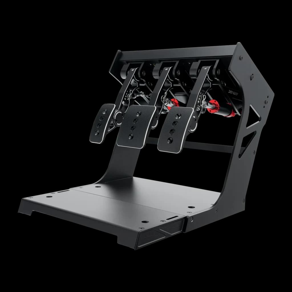 Simagic P1000 Modular Invertido 3 Pedais Preto, vista lateral: estrutura metálica preta com pedais invertidos e detalhes em