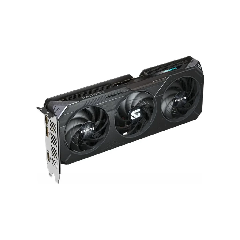 Gigabyte Radeon RX 9060 XT Gaming 16GB, vista principal: tarjeta gráfica negra con triple ventilador y caja del producto - Ítem2