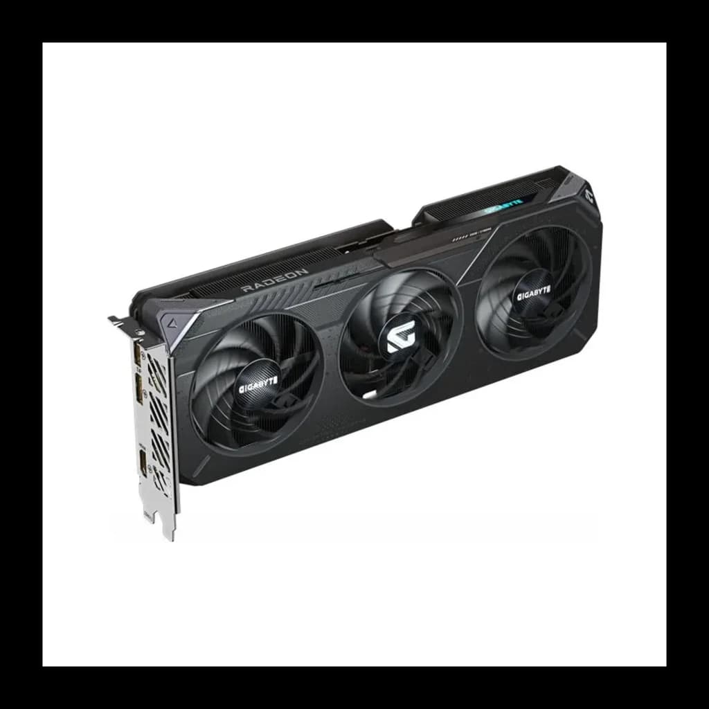 Gigabyte Radeon RX 9060 XT Gaming 16GB negro, vista en ángulo: triple ventilador, shroud oscuro y logo GIGABYTE iluminado en