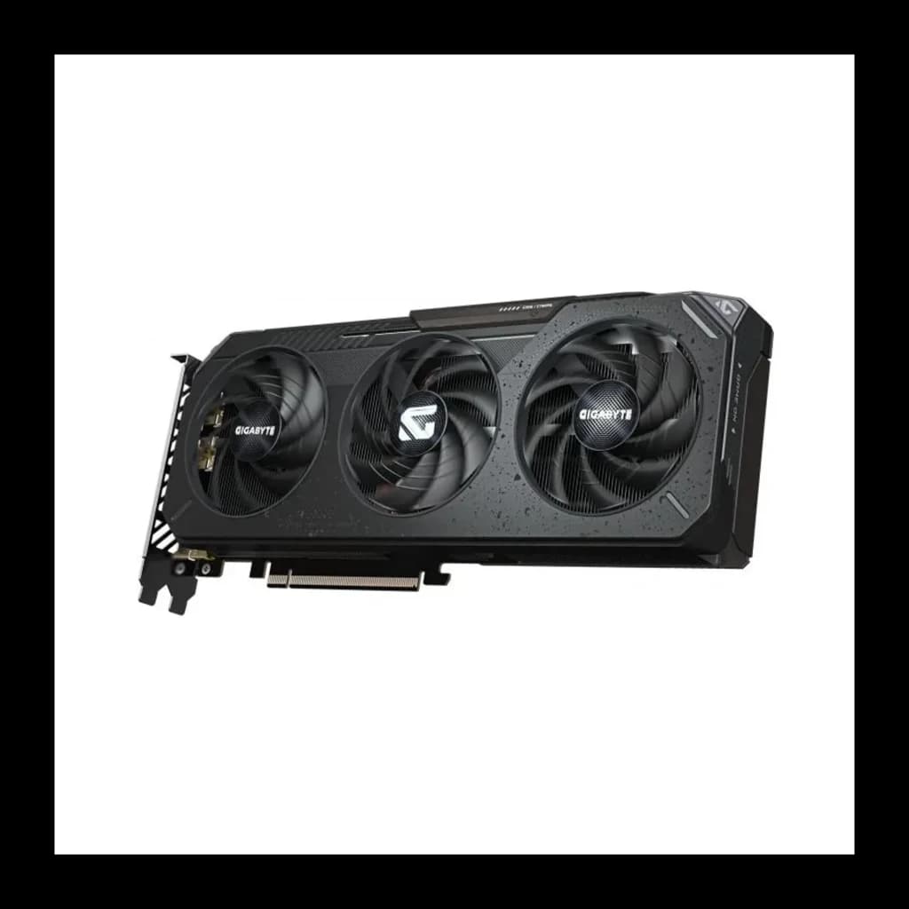 Gigabyte Radeon RX 9060 XT Gaming 16GB negro, vista frontal en ángulo: tres ventiladores con logo Gigabyte y shroud oscuro