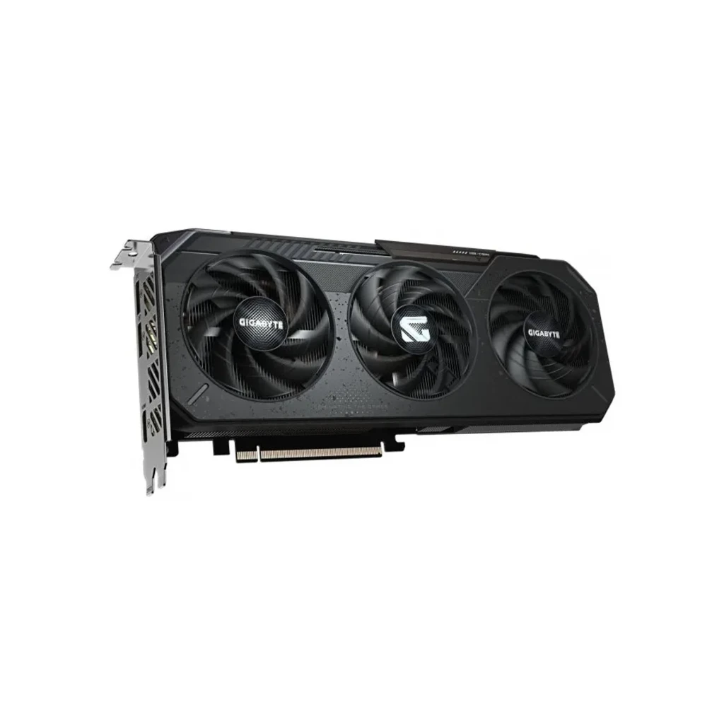 Gigabyte Radeon RX 9060 XT Gaming 16GB, vista principal: tarjeta gráfica negra con triple ventilador y caja del producto - Ítem4