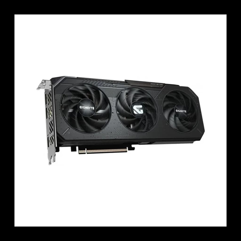 Gigabyte Radeon RX 9060 XT Gaming 16GB negro, vista frontal en ángulo: tres ventiladores, shroud oscuro y bracket lateral