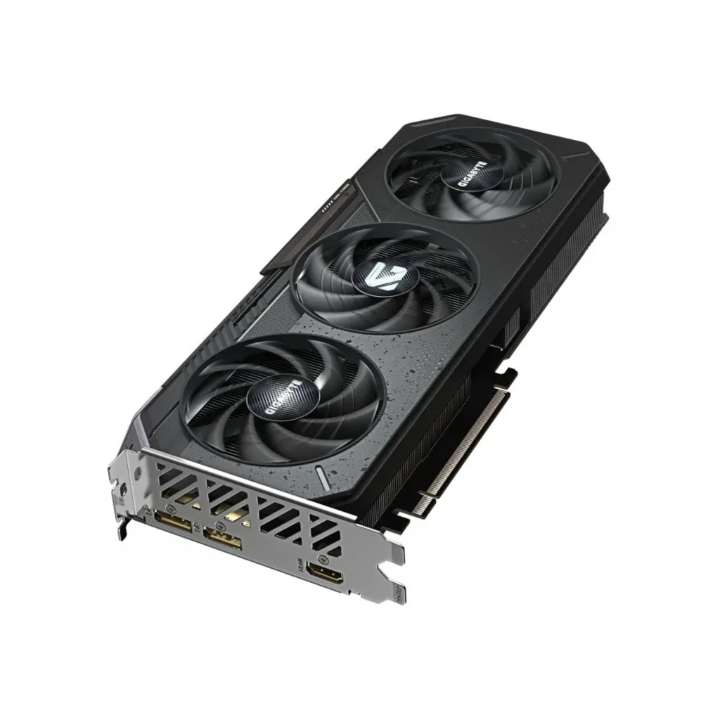 Gigabyte Radeon RX 9060 XT Gaming 16GB, vista principal: tarjeta gráfica negra con triple ventilador y caja del producto - Ítem5