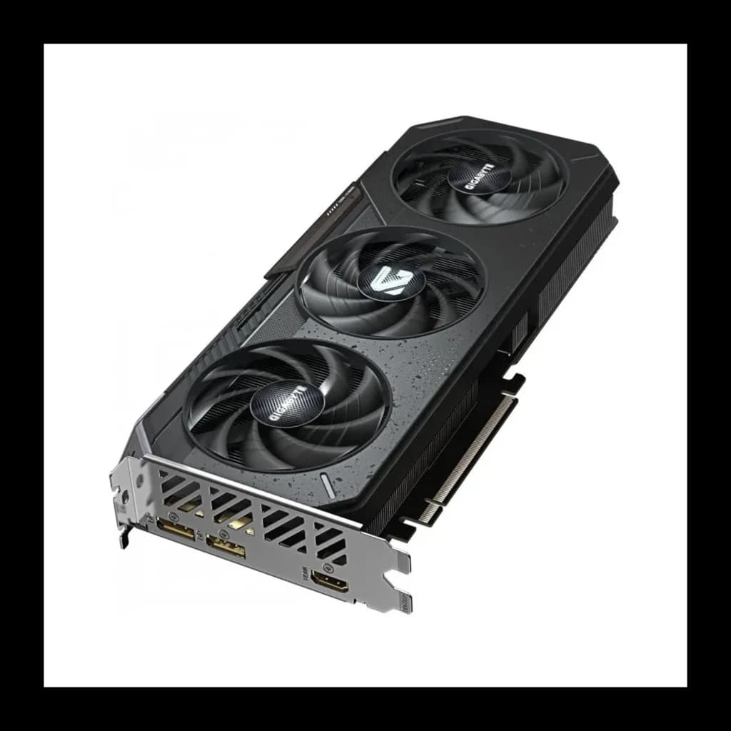 Gigabyte Radeon RX 9060 XT Gaming 16GB negro, vista en ángulo: triple ventilador, disipador y puertos DisplayPort HDMI