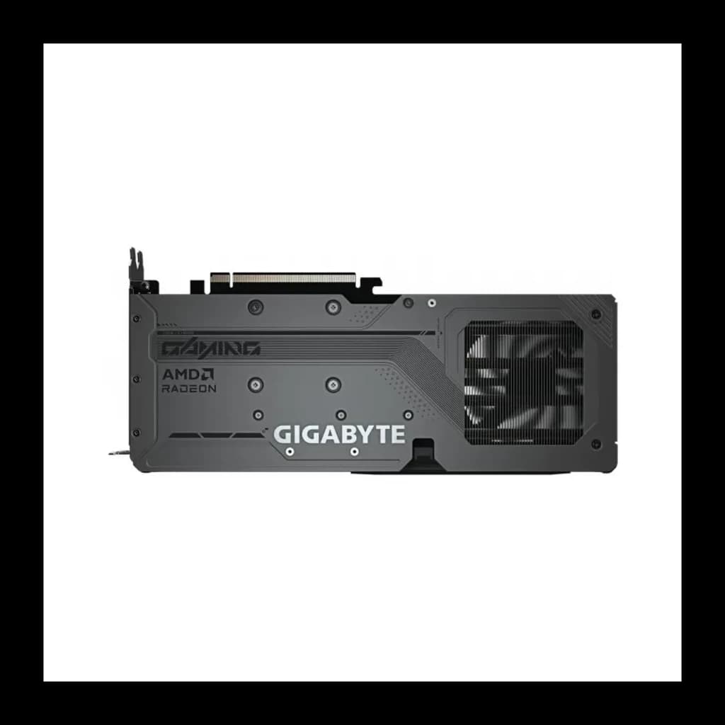 Gigabyte Radeon RX 9060 XT Gaming 16GB, parte trasera: backplate negro con logo GIGABYTE, AMD Radeon y ventilador lateral