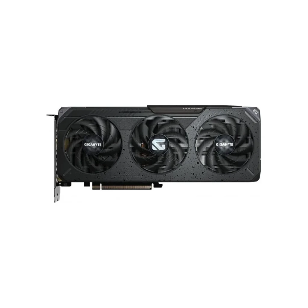 Gigabyte Radeon RX 9060 XT Gaming 16GB, vista principal: tarjeta gráfica negra con triple ventilador y caja del producto - Ítem8