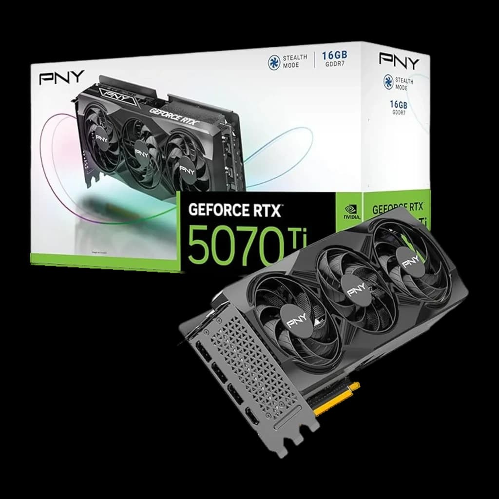 PNY GeForce RTX 5070 Ti Triple Fan 16GB GDDR7 noir, vue principale: carte et boîte, trois ventilateurs et équerre avec ports
