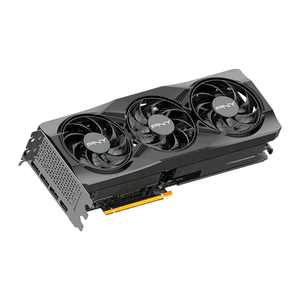 PNY GeForce RTX 5070 Ti Triple Fan 16GB GDDR7 negra, vista principal: tarjeta y caja, tres ventiladores y bracket con puertos - Ítem2