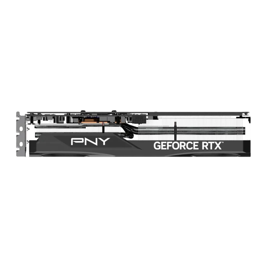 PNY GeForce RTX 5070 Ti Triple Fan 16GB GDDR7 negra, vista principal: tarjeta y caja, tres ventiladores y bracket con puertos - Ítem3