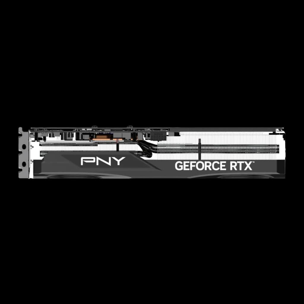 PNY GeForce RTX 5070 Ti Triple Fan 16GB GDDR7 gris, vue latérale: backplate avec logos PNY et GeForce RTX, dissipateur et