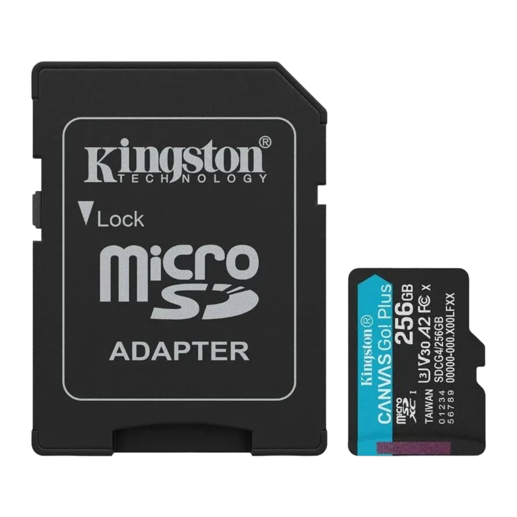 Kingston Canvas Go! Plus 256GB preto, frente: cartão microSDXC com faixa turquesa, logo e classificações U3 V30 A2 - Item1
