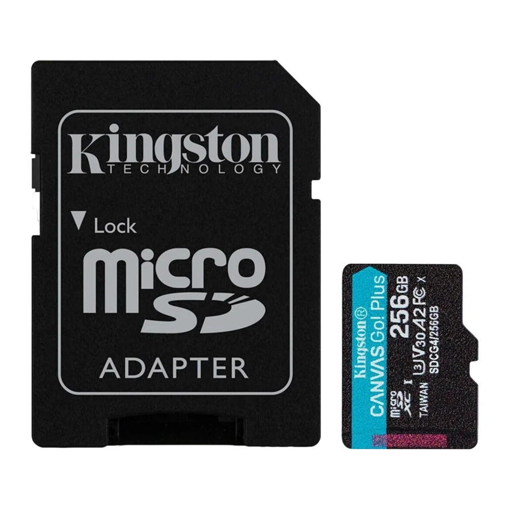 Kingston Canvas Go! Plus 256GB preto, frente: cartão microSDXC com faixa turquesa, logo e classificações U3 V30 A2 - Item3