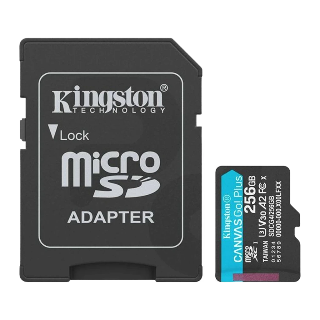 Kingston Canvas Go! Plus 256GB preto, frente: cartão microSDXC com faixa turquesa, logo e classificações U3 V30 A2 - Item4