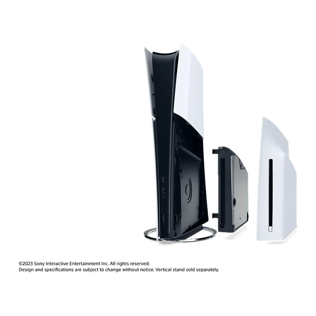 Sony Lecteur de disque PS5 Digital Edition Slim Blanc, vue latérale: fente de disque verticale et texture blanche mate sur - Ítem1