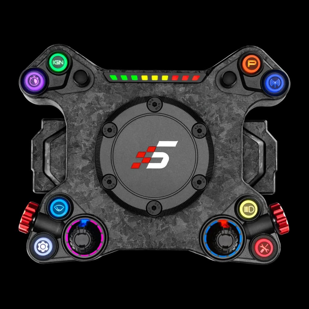 Simagic NEO X volante simracing, vista frontal: fibra de carbono, botões RGB, encoders vermelhos e faixa de LEDs