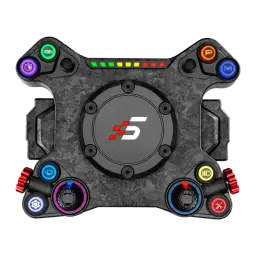 Simagic NEO X volante simracing, vista frontal: fibra de carbono, botões RGB, encoders vermelhos e faixa de LEDs