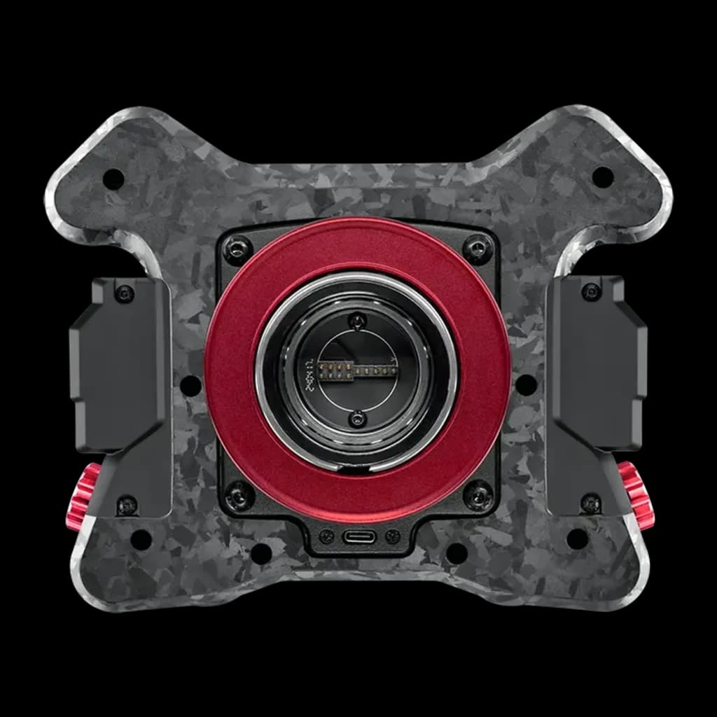Simagic Volante Simracing NEO X, vista traseira: conector quick release vermelho, fibra de carbono forjada e porta USB-C