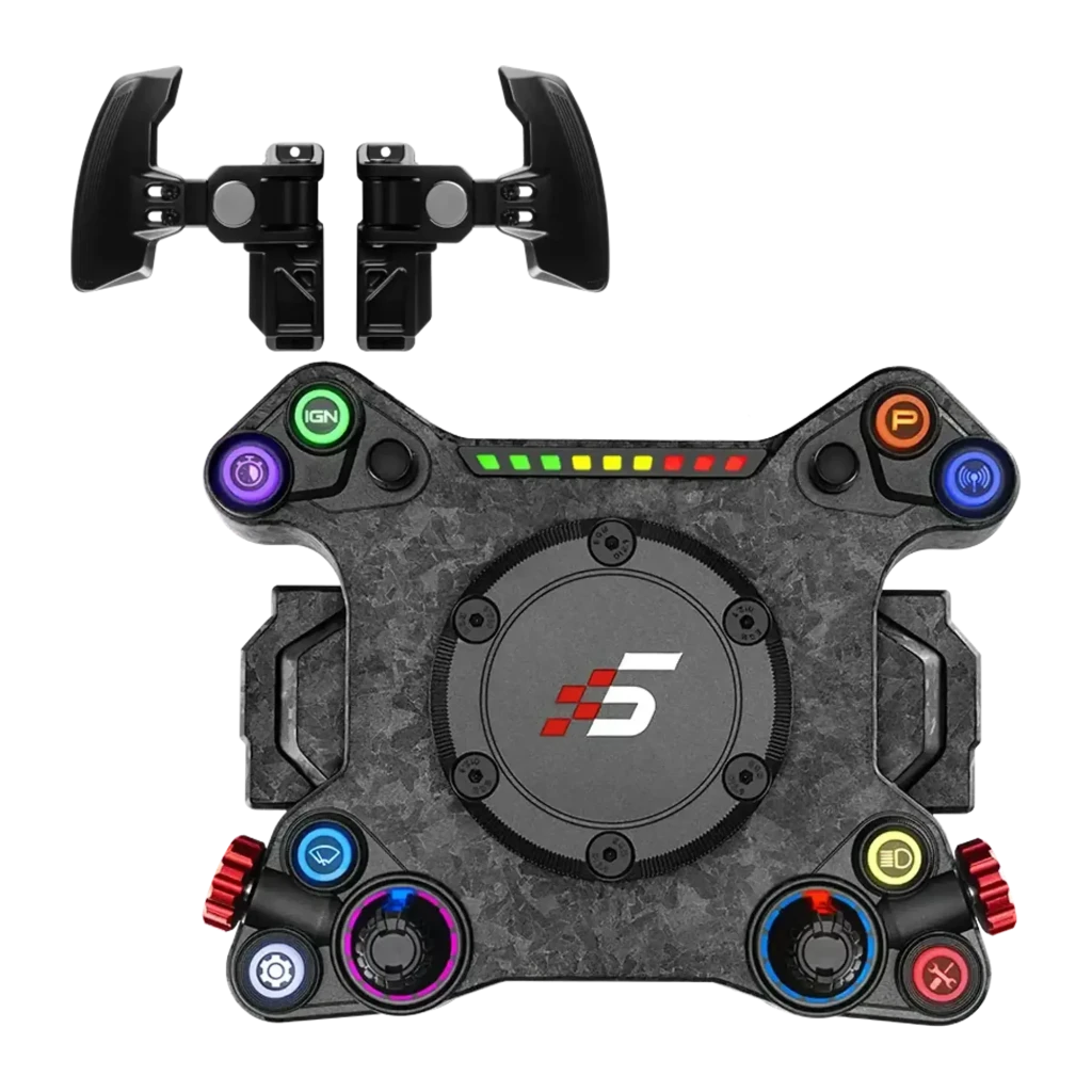 Simagic NEO X volante simracing, vista frontal: fibra de carbono, botões RGB, encoders vermelhos e faixa de LEDs - Item2