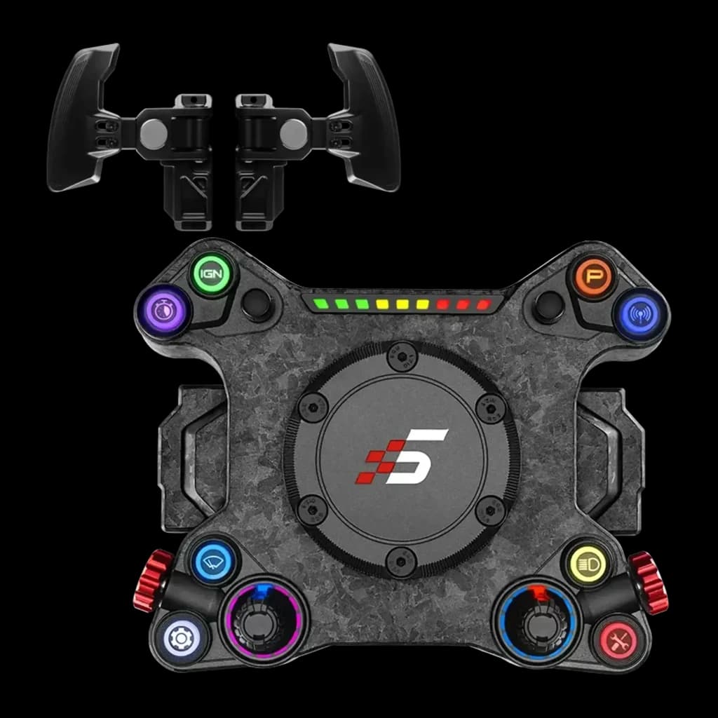 Simagic NEO X volante simracing, vista frontal com paddles separados: botões RGB, dial central e acabamento carbono