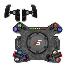 Simagic NEO X volante simracing, vista frontal com paddles separados: botões RGB, dial central e acabamento carbono