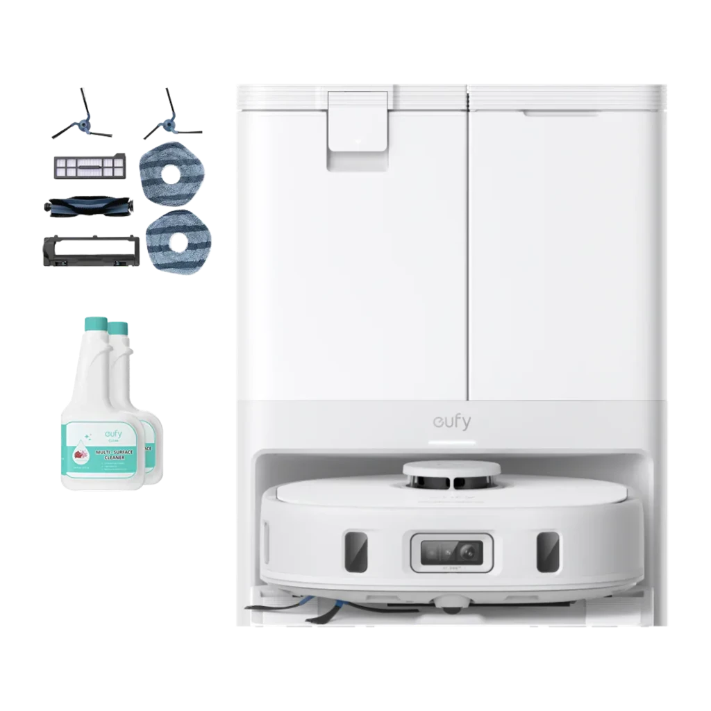 Eufy X10 Pro Omni noir, vue de face en angle: aspirateur robot sur base omni gris foncé avec capteur AI.See - Ítem3
