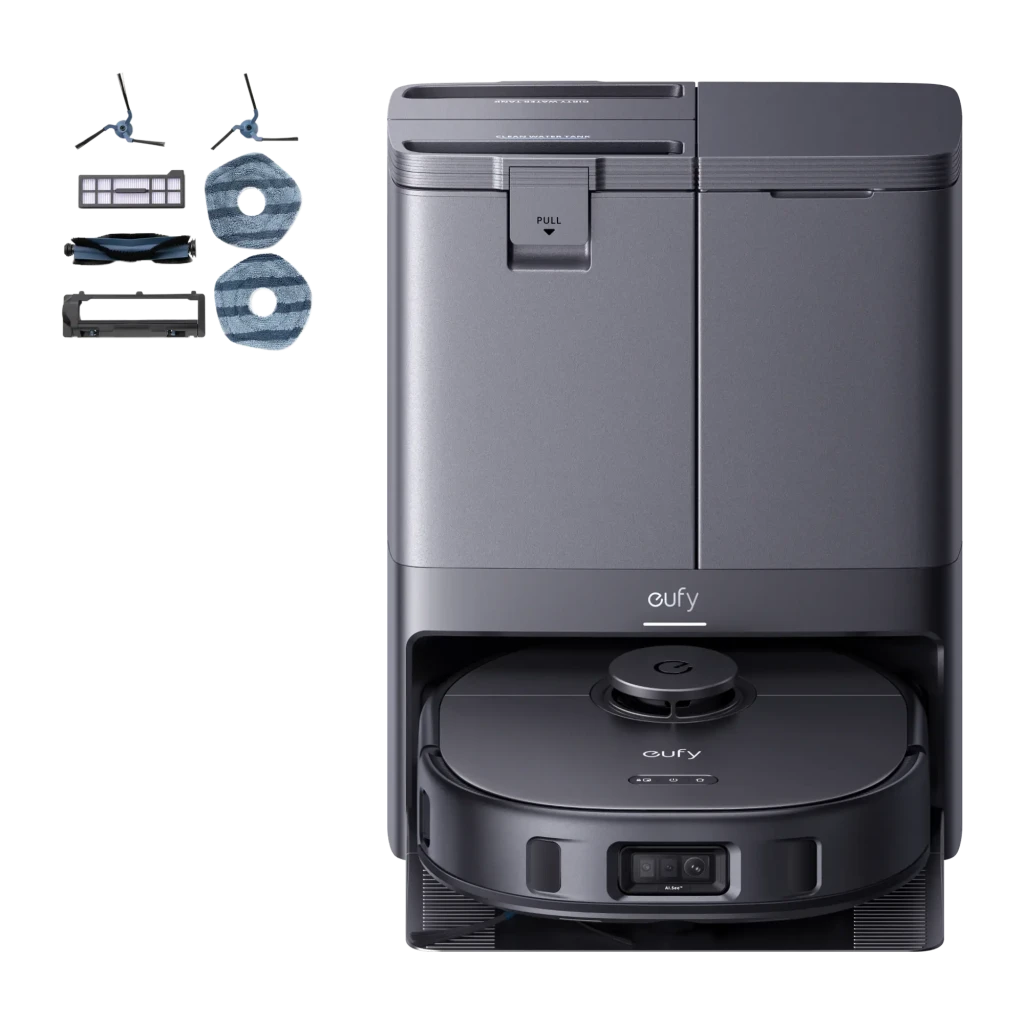 Eufy X10 Pro Omni noir, vue de face en angle: aspirateur robot sur base omni gris foncé avec capteur AI.See - Ítem4