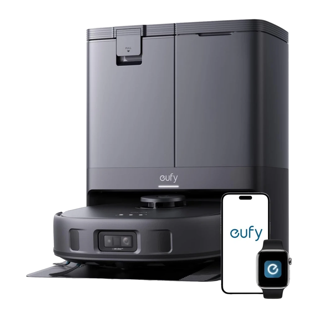Eufy X10 Pro Omni noir, vue de face en angle: aspirateur robot sur base omni gris foncé avec capteur AI.See - Ítem1