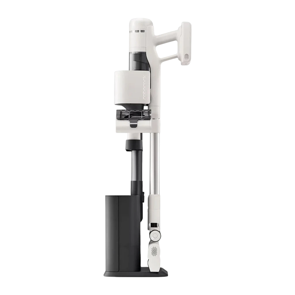 Roborock H60 Hub noir, vue latérale complète: aspirateur balai avec bac transparent, tube et tête de sol sur support mural - Ítem2