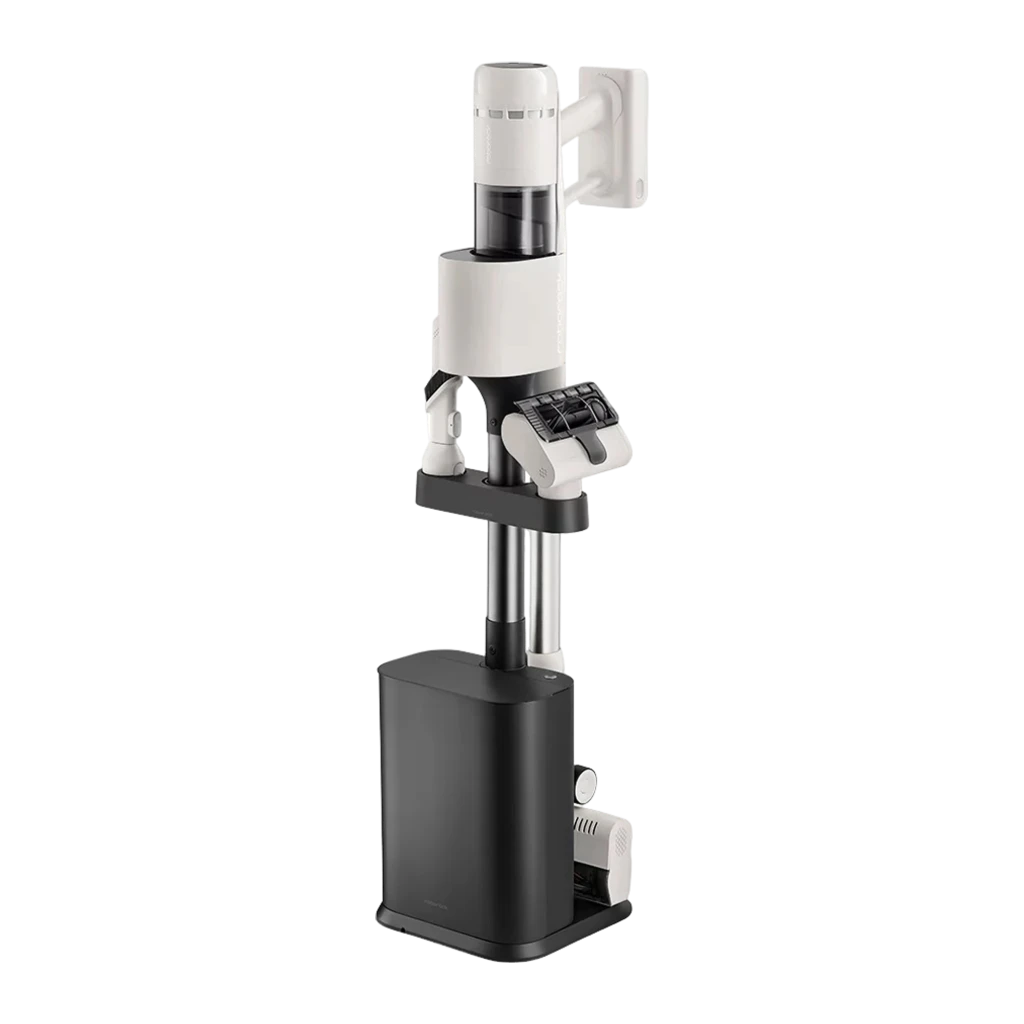Roborock H60 Hub noir, vue latérale complète: aspirateur balai avec bac transparent, tube et tête de sol sur support mural - Ítem3