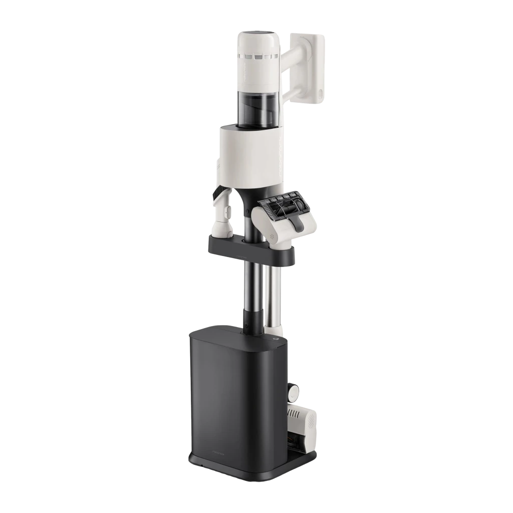 Roborock H60 Hub noir, vue latérale complète: aspirateur balai avec bac transparent, tube et tête de sol sur support mural - Ítem4