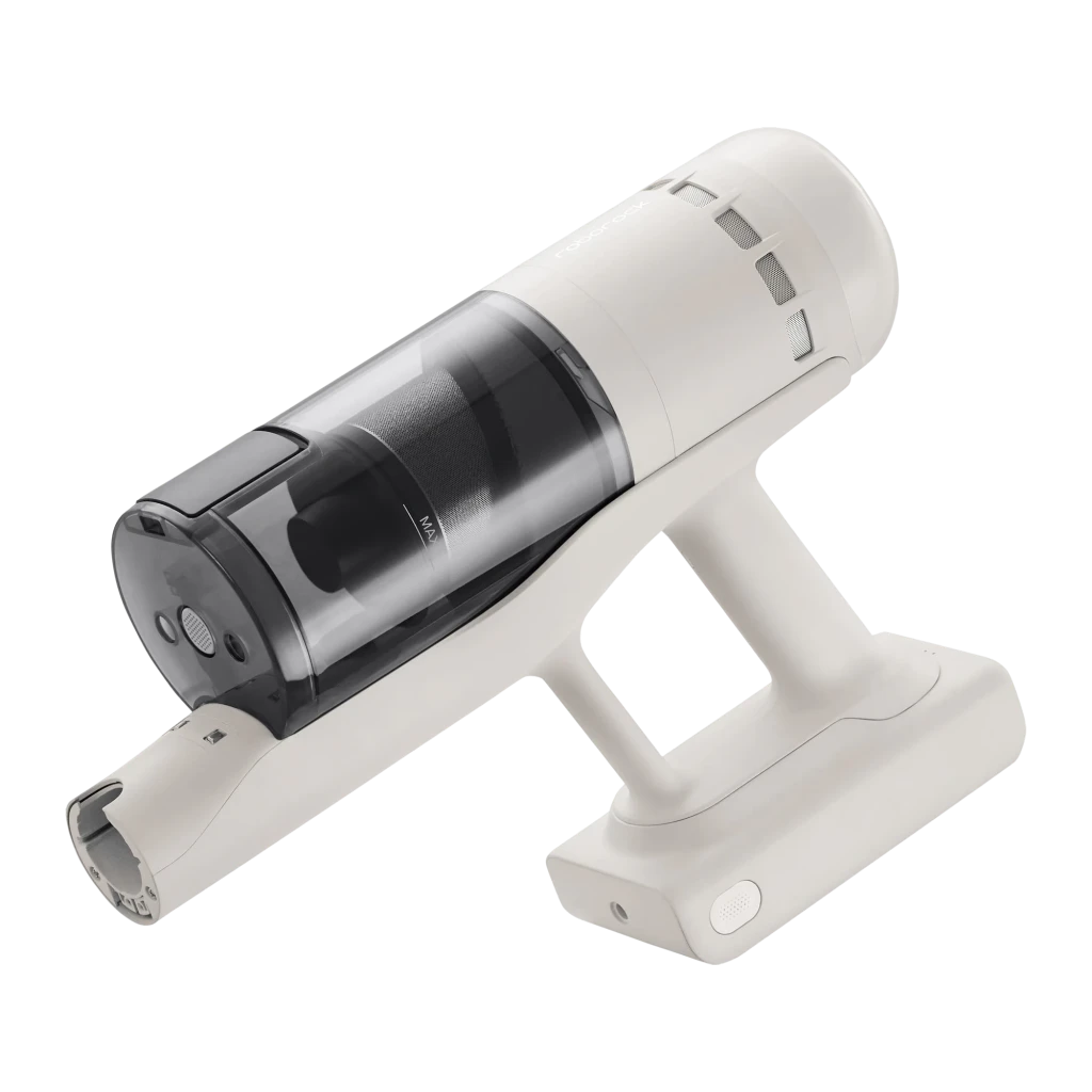 Roborock H60 Hub noir, vue latérale complète: aspirateur balai avec bac transparent, tube et tête de sol sur support mural - Ítem1