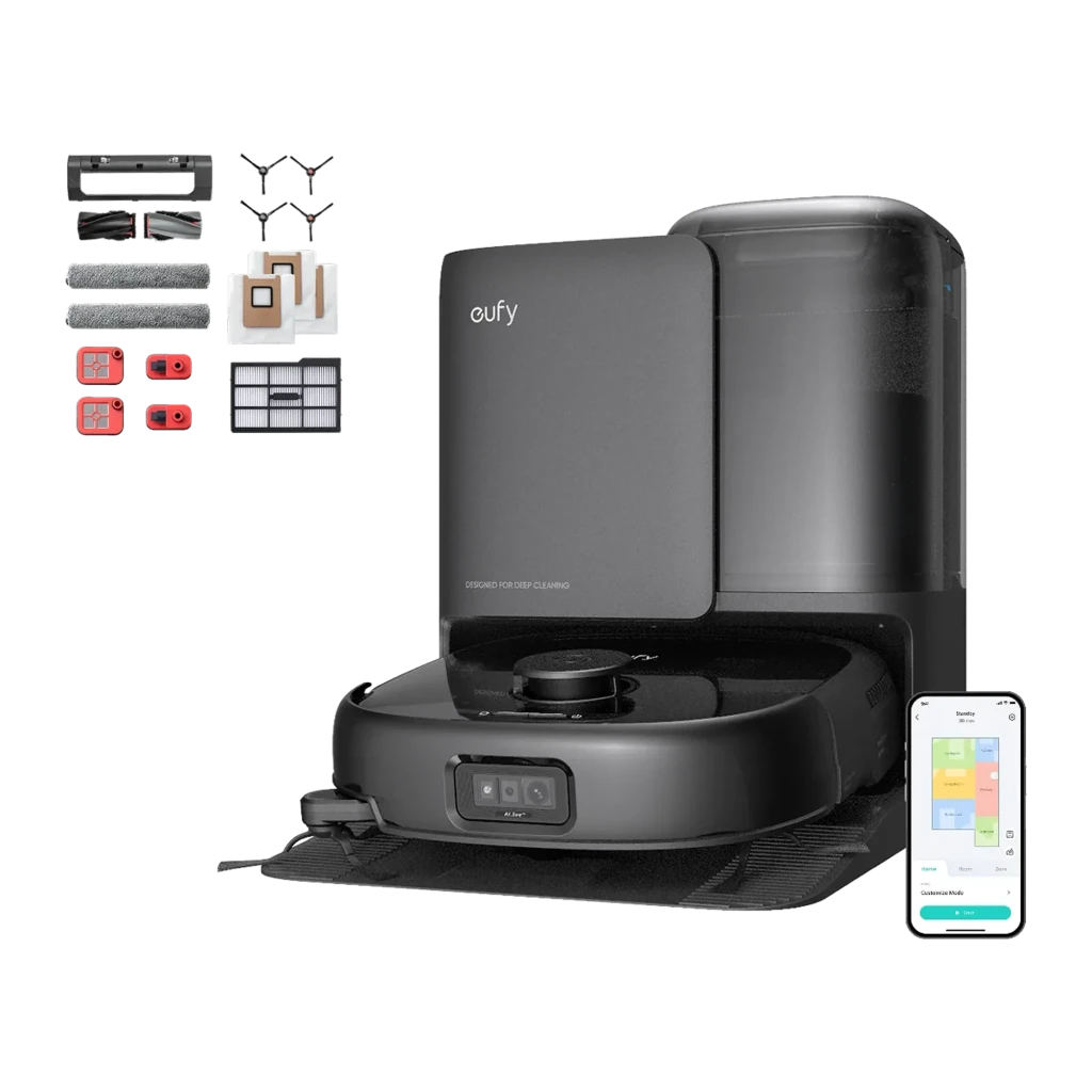 Eufy Robot Vacuum Omni E25 Branco, vista frontal na base: robô aspirador acoplado à estação com reservatório de água visível - Item4