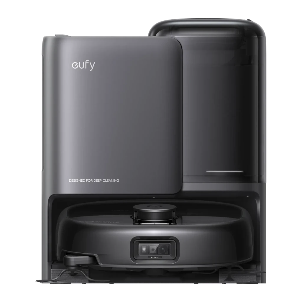 Eufy Robot Vacuum Omni E25 Branco, vista frontal na base: robô aspirador acoplado à estação com reservatório de água visível - Item1