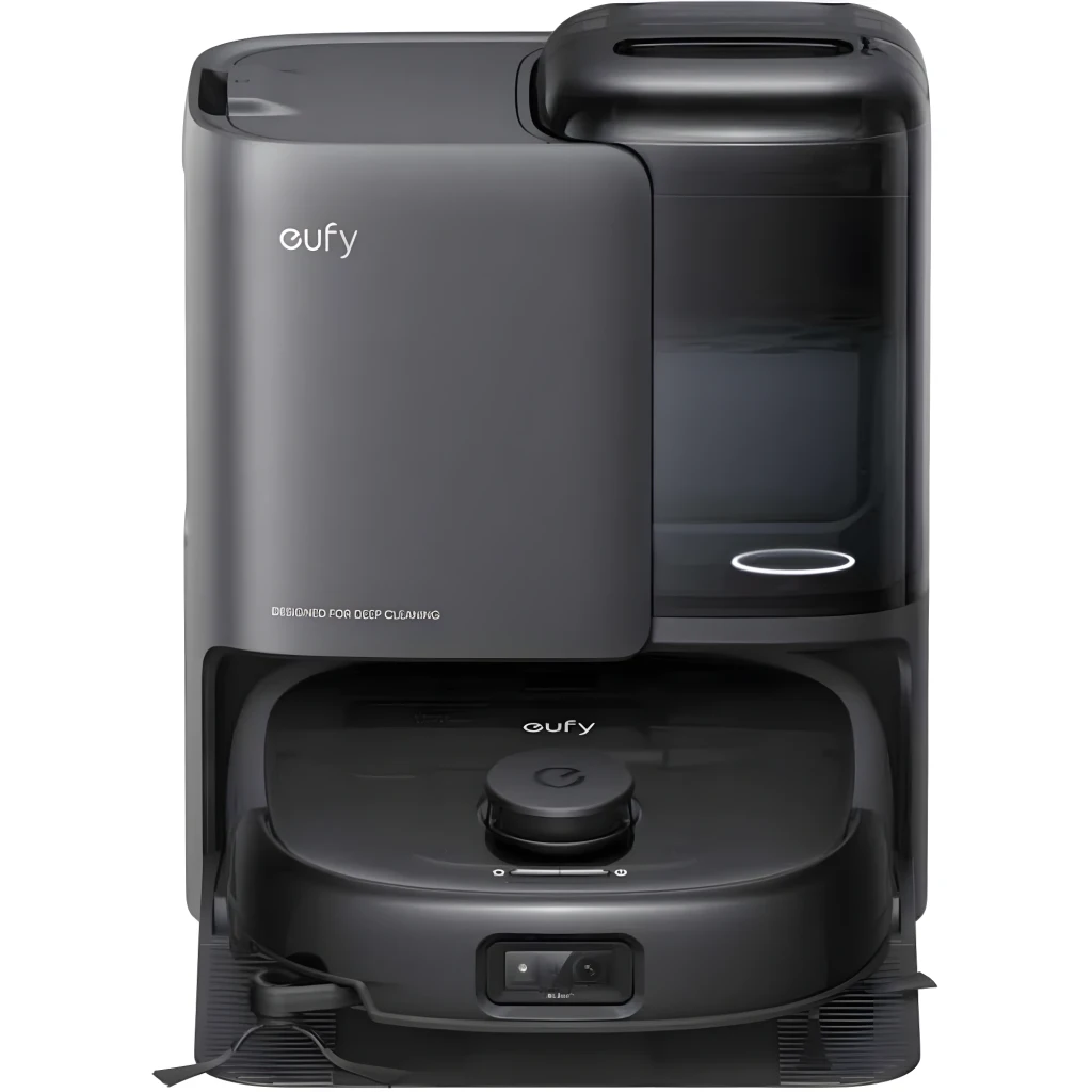 Eufy Robot Vacuum Omni E25 Branco, vista frontal na base: robô aspirador acoplado à estação com reservatório de água visível - Item2