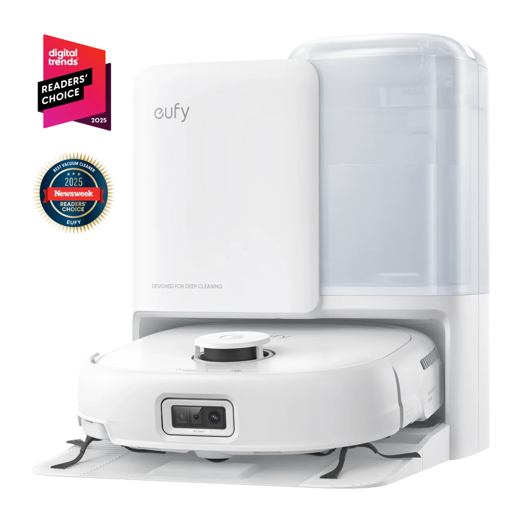 Eufy Robot Vacuum Omni E25 blanc, vue de face avec app: robot sur base à côté d'un smartphone affichant la carte de - Ítem1