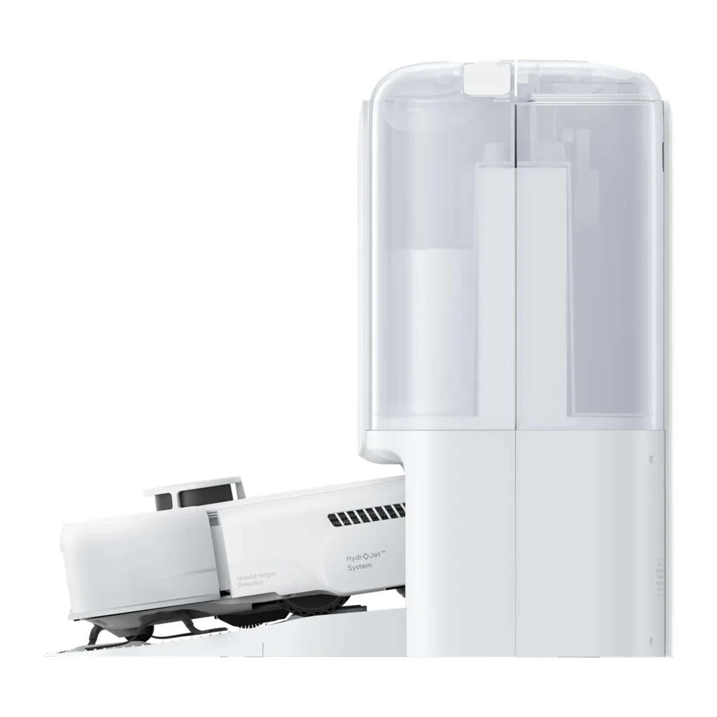 Eufy Robot Vacuum Omni E25 blanc, vue de face avec app: robot sur base à côté d'un smartphone affichant la carte de - Ítem3