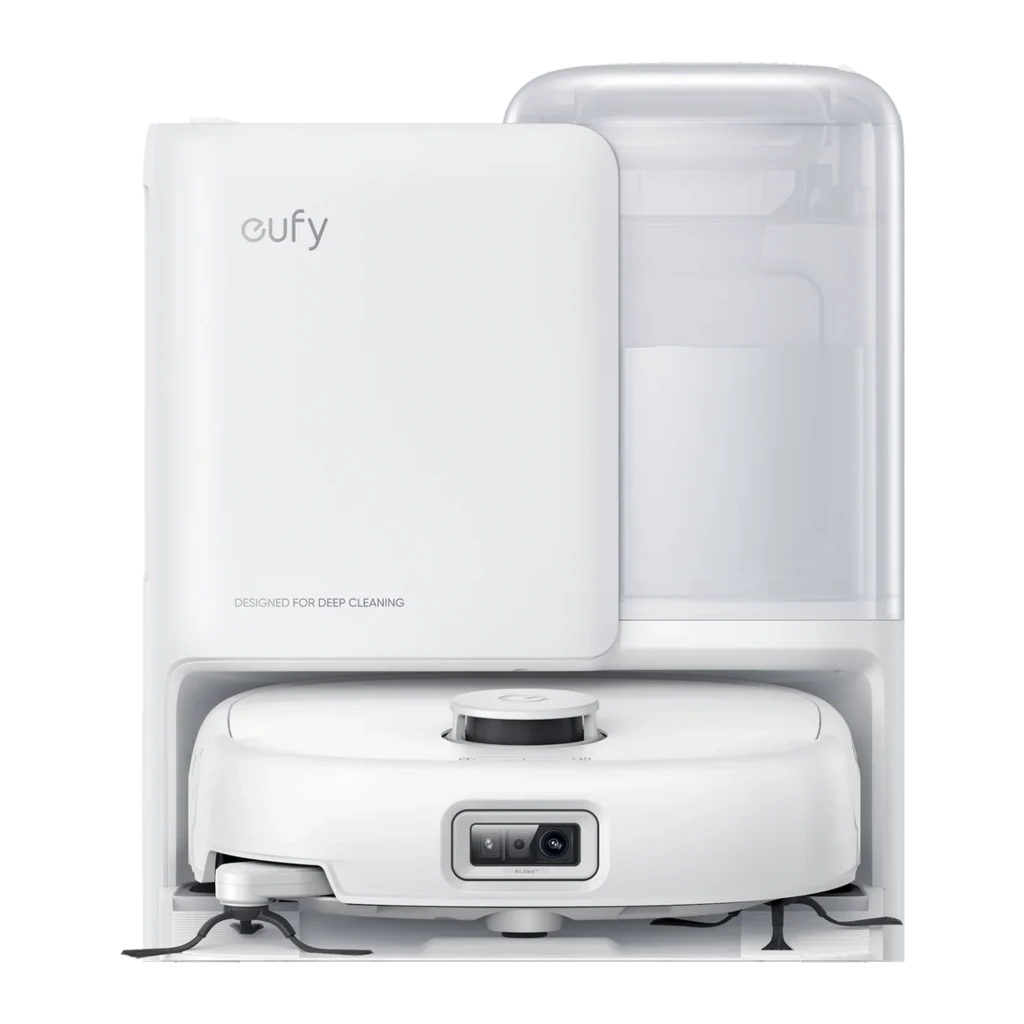 Eufy Robot Vacuum Omni E25 blanc, vue de face avec app: robot sur base à côté d'un smartphone affichant la carte de - Ítem4