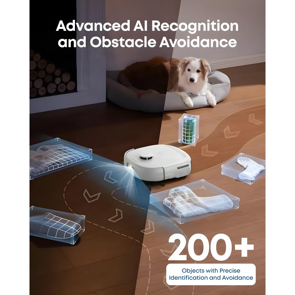 Eufy Robot Vacuum Omni E25 blanc, vue de face avec app: robot sur base à côté d'un smartphone affichant la carte de - Ítem5